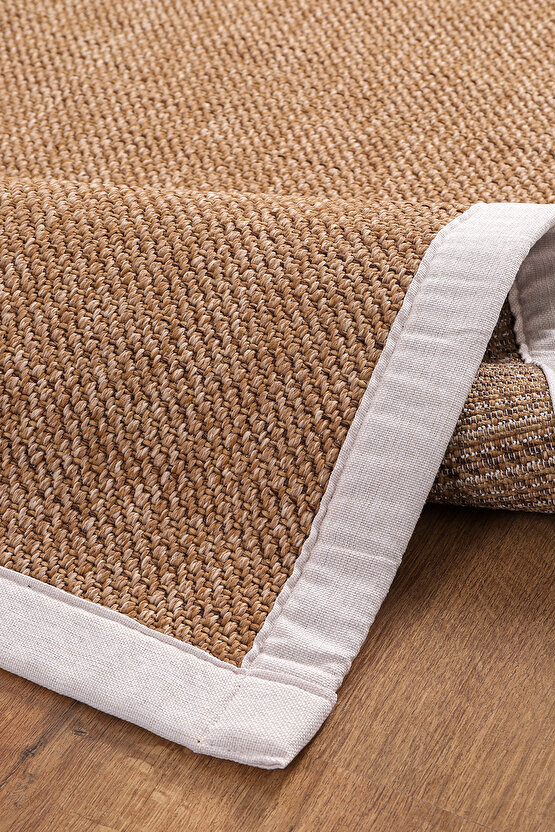0604-Krem Kumaş Bordür Sisal Halı Kilim Hav Toz Vermez Kolay Temizlenen Hasır Kilim