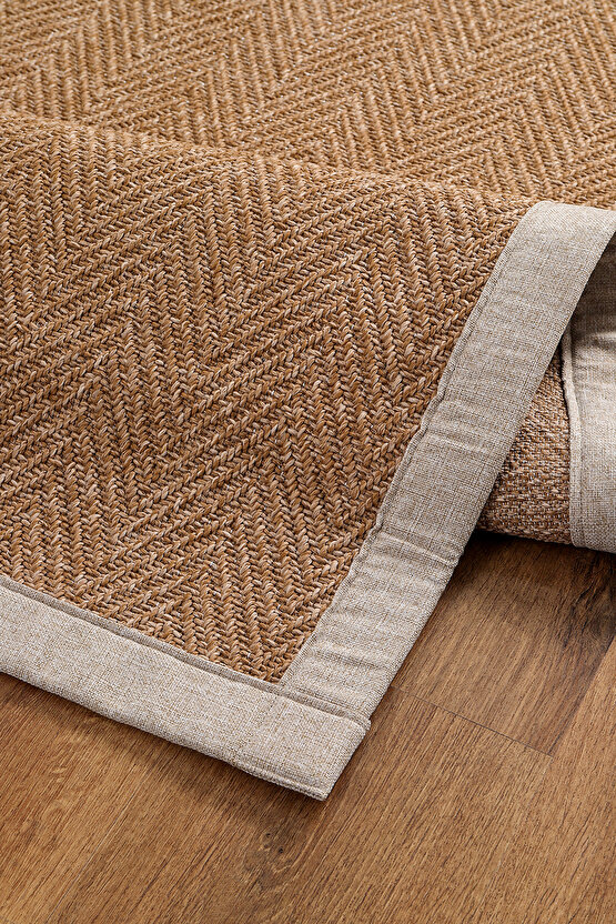 0503-Bej Kumaş Bordür Sisal Halı Kilim Hav Toz Vermez Kolay Temizlenen Hasır Kilim