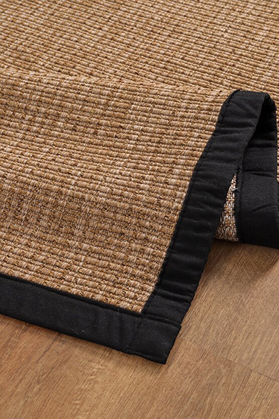 0465-Siyah Kumaş Bordür Sisal Halı Kilim Hav Toz Vermez Kolay Temizlenen Hasır Kilim