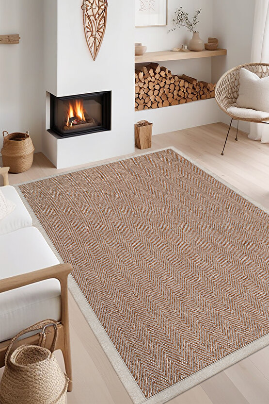0408-Bej Kumaş Bordür Sisal Halı Kilim Hav Toz Vermez Kolay Temizlenen Hasır Kilim