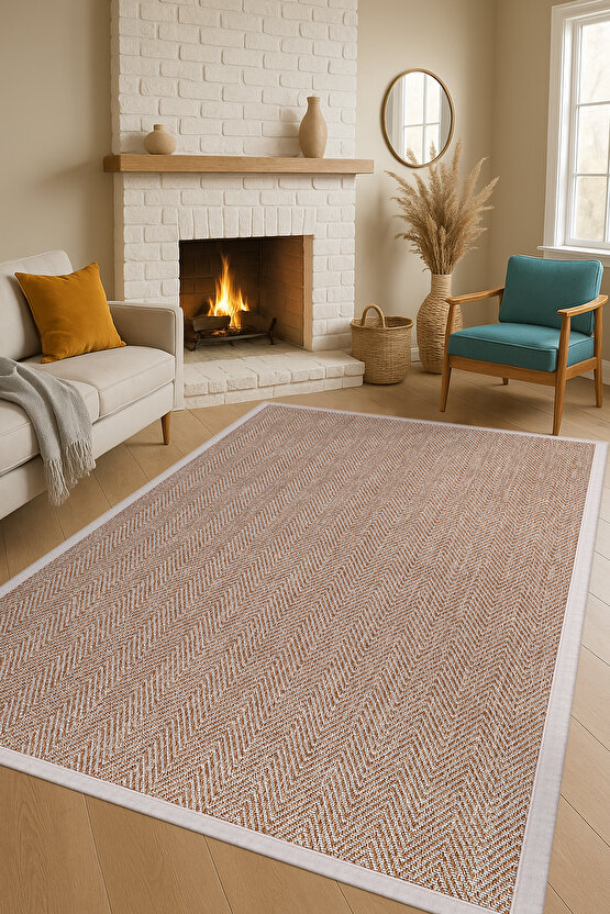 0408-Bej Kumaş Bordür Sisal Halı Kilim Hav Toz Vermez Kolay Temizlenen Hasır Kilim