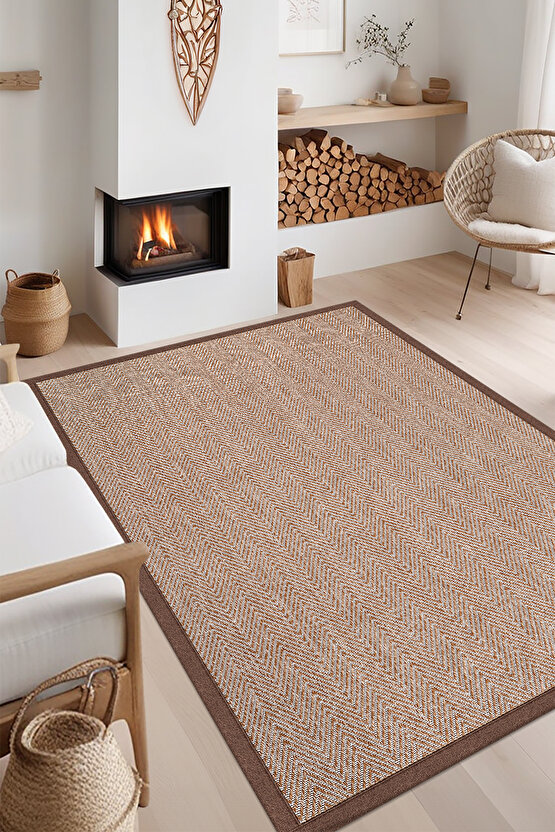 0408-Kahve Kumaş Bordür Sisal Halı Kilim Hav Toz Vermez Kolay Temizlenen Hasır Kilim