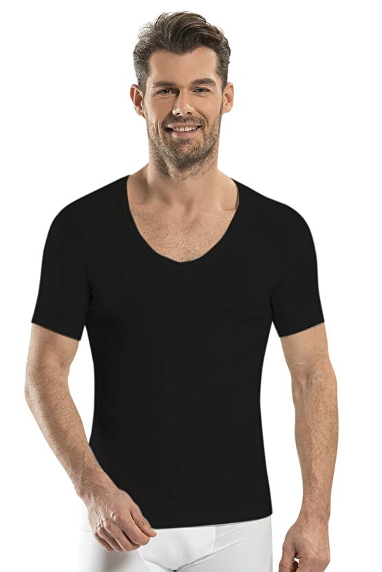 Erkek  Siyah  Termal V Yaka Yarım Kol Atlet
