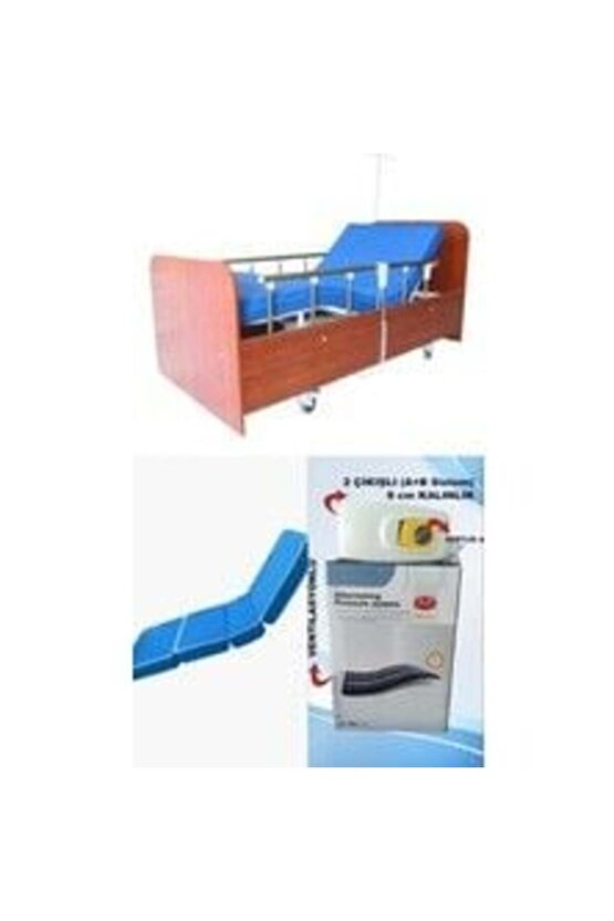 2 Motorlu Ahşap Hasta Karyolası + 4 Parçalı Yatak+ A+B Sistemli 8 Cm Boru Tipi Havalı Yatak Takım