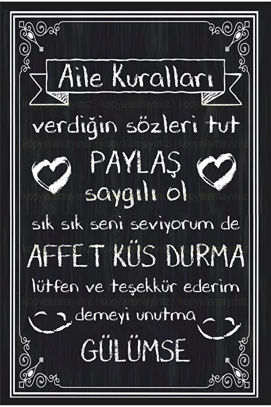 aile kuralları tablosu kara tahta tebeşir görünümlü ev mutfak dekorasyon tablo retro ahşap poster