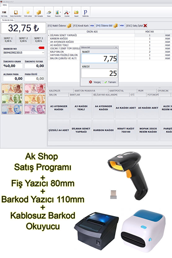 Barkod Satış Sistemi & Market Programı & Fiş Yazıcı 80mm & Barkod Yazıcı & Kablosuz Barkod Okuyucu