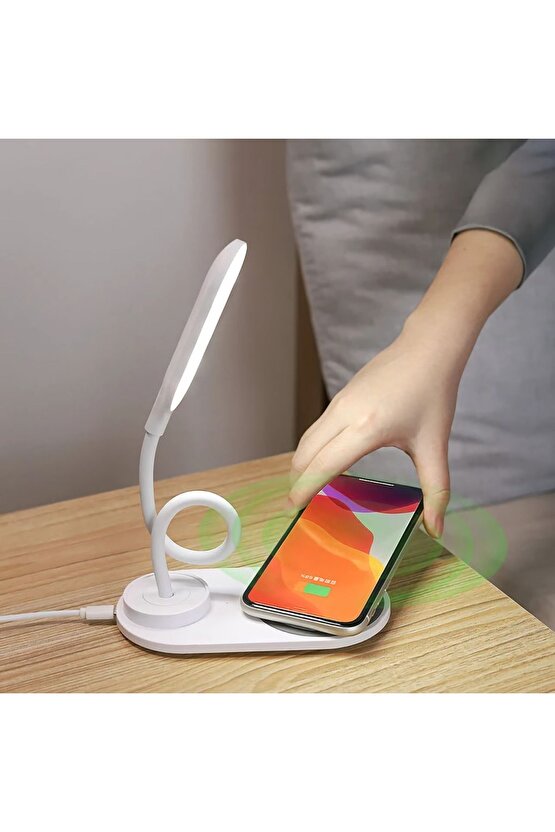 AKSESUARCEP Kablosuz Şarj Cihazlı  Dokunmatik Kontrollü Esnek Deve Boynu Kısılabilir Masa Lambası