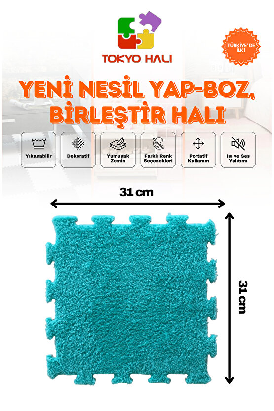 Turkuaz Peluş Puzzle Halı, Kendi Tasarımını Oluştur, Yapboz Halı, Peluş Halı