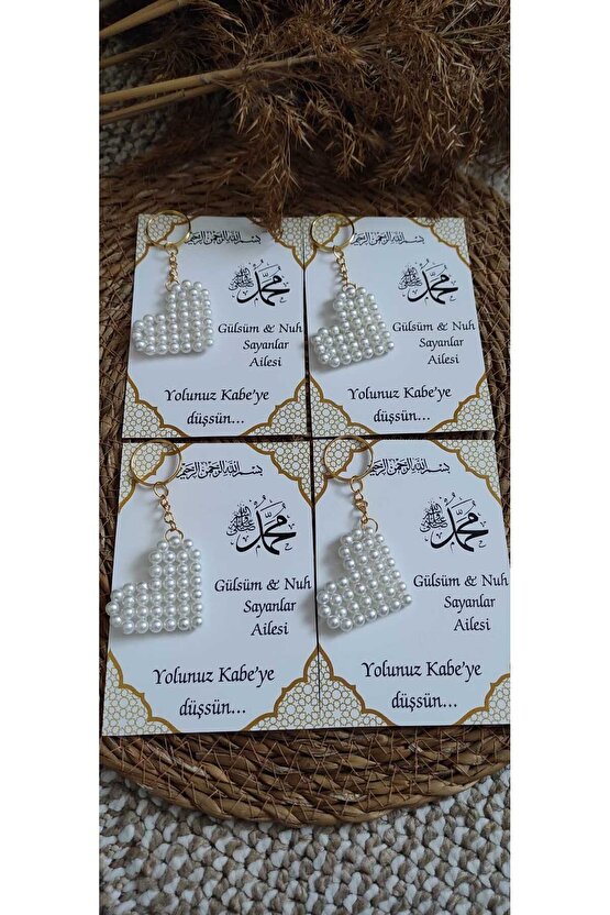 Kabe Hac Umre Hediyelik Incili Kalpli Anahtarlık 8 Adet