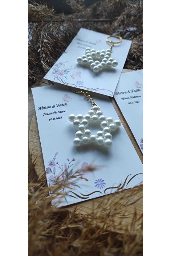 İncili Yıldız Hediyelik Anahtarlık 10 Adet-özel Tasarım Kart-söz-nişan-nikah-kına-mevlüt-baby Shower