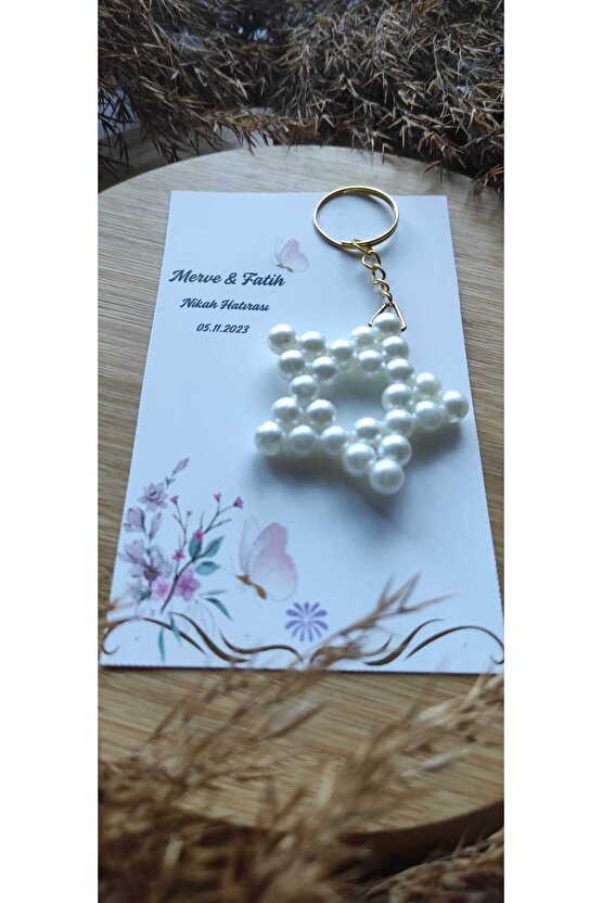 İncili Yıldız Hediyelik Anahtarlık 10 Adet-özel Tasarım Kart-söz-nişan-nikah-kına-mevlüt-baby Shower