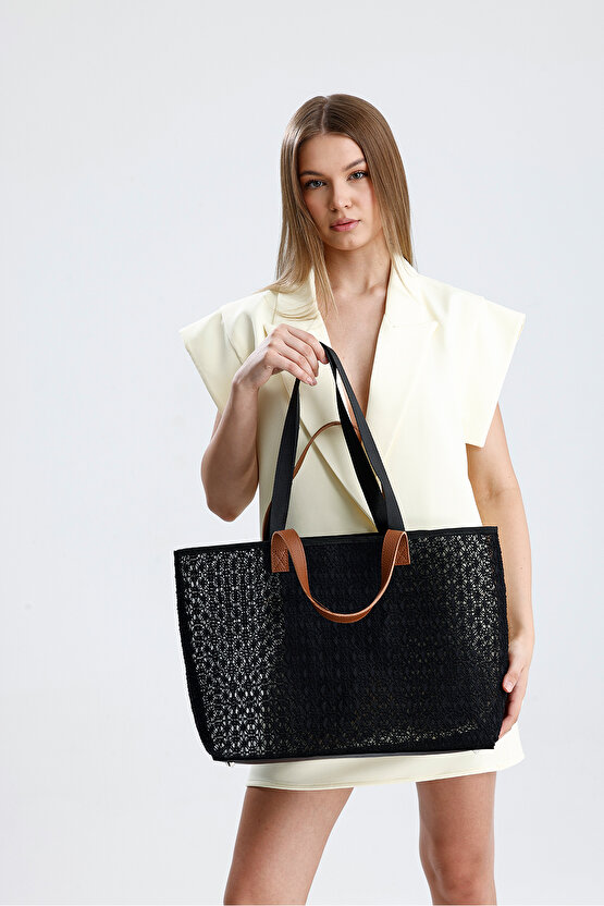 Kadın Siyah Dantel Desenli Büyük Boy Plaj Ve Alışveriş Shopper Tote Omuz Çantası
