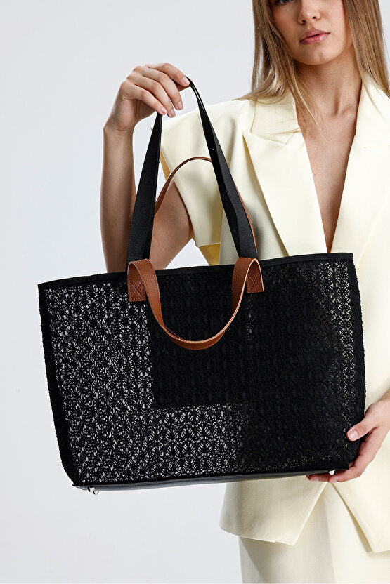 Kadın Siyah Dantel Desenli Büyük Boy Plaj Ve Alışveriş Shopper Tote Omuz Çantası