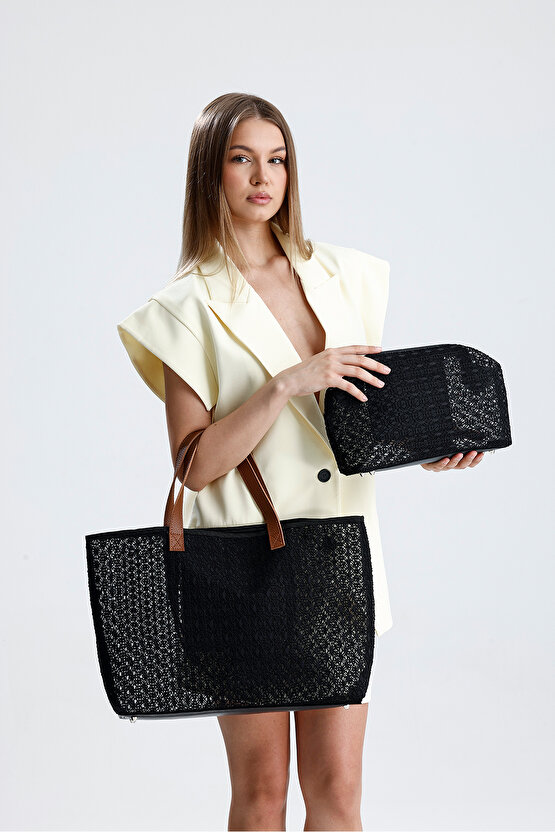 Kadın Siyah Dantel Desenli Büyük Boy Plaj Ve Alışveriş Shopper Tote Omuz Çantası