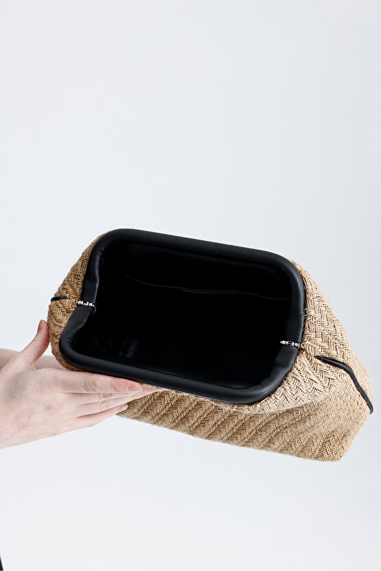 Heybes Kadın Siyah Deri Detaylı Balık Sırtı Örgü Jüt Clutch El Çantası