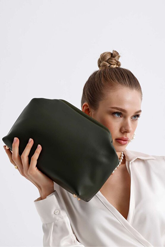 Heybes Kadın Haki Yeşil Vegan Deri Clutch El Çantası