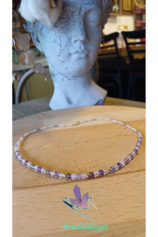 925 Ayar Gümüş Dogal Taş Kolye Ametist ve pembe Kuvar