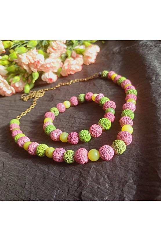 Doğal Taş Yeşim Ve Truf Taşı Kolye Bileklik Set