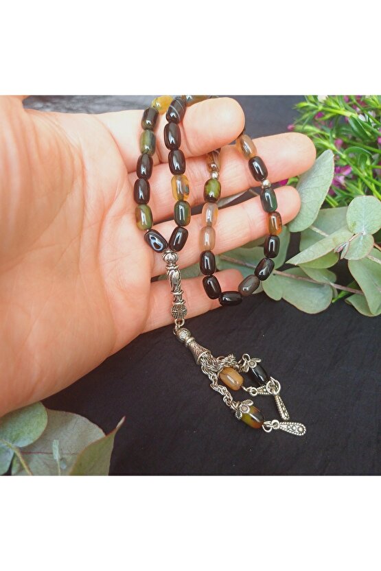 Doğal Taş Erkek Arpa Akik Tesbih Gümüş Kaplama