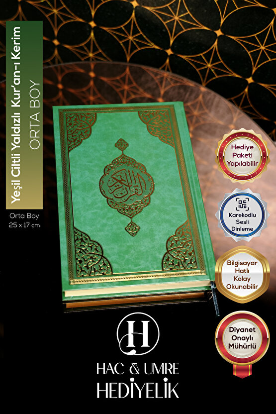 Kuran | Yeşil Ciltli Yaldızlı Hediyelik Kuranı Kerim | Orta Boy Lüks Kuranı Kerim