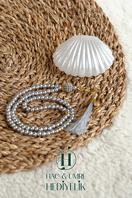 Tesbih Hediyelik | Özel Gün Davet Hediyesi | Deniz Kabuğu Kutulu 99lu İnci Tesbih Vav Süslü Püsküllü