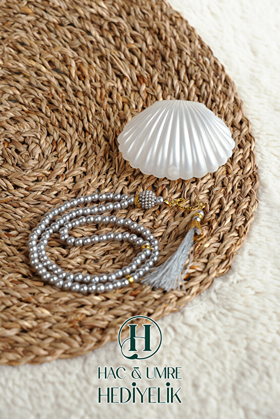 Tesbih Hediyelik | Özel Gün Davet Hediyesi | Deniz Kabuğu Kutulu 99lu İnci Tesbih Vav Süslü Püsküllü
