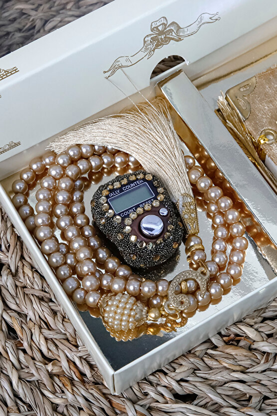 10 Adet - Taşlı Zikirmatik Tesbihmatik Kadife Kaplı Mini Kuran 99lu İnci Tesbih Seti