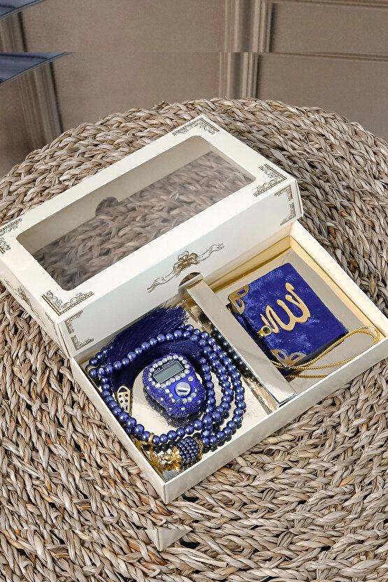 10 Adet - Taşlı Zikirmatik Tesbihmatik Kadife Kaplı Mini Kuran 99lu İnci Tesbih Seti