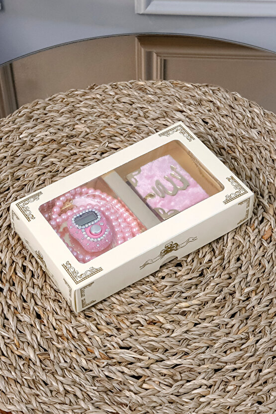 10 Adet - Taşlı Zikirmatik Tesbihmatik Kadife Kaplı Mini Kuran 99lu İnci Tesbih Seti