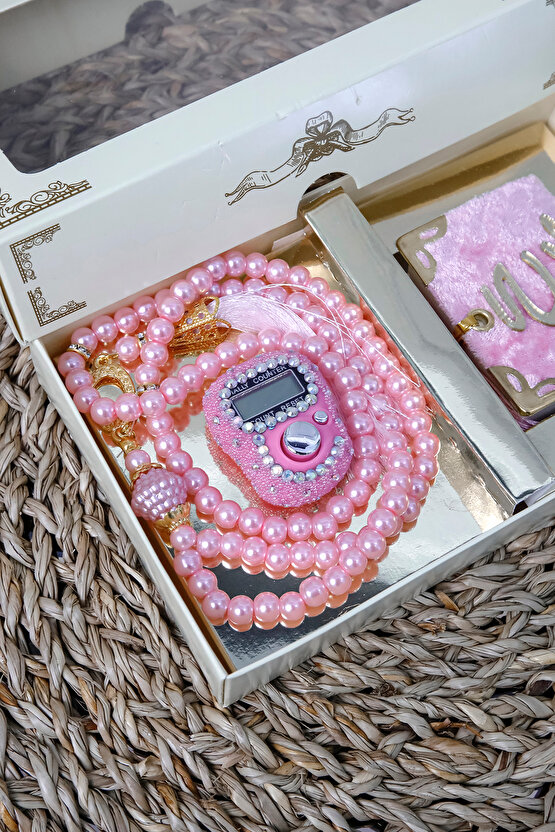 10 Adet - Taşlı Zikirmatik Tesbihmatik Kadife Kaplı Mini Kuran 99lu İnci Tesbih Seti