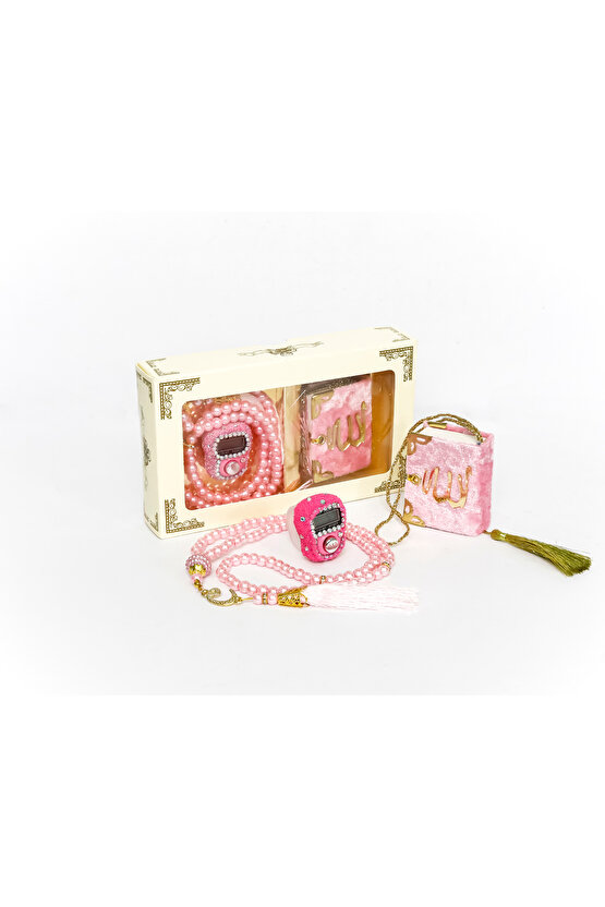 10 Adet - Taşlı Zikirmatik Tesbihmatik Kadife Kaplı Mini Kuran 99lu İnci Tesbih Seti