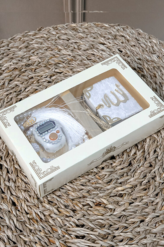 10 Adet - Taşlı Zikirmatik Tesbihmatik Kadife Kaplı Mini Kuran 99lu İnci Tesbih Seti