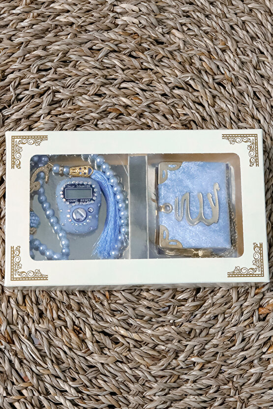 10 Adet - Taşlı Zikirmatik Tesbihmatik Kadife Kaplı Mini Kuran 99lu İnci Tesbih Seti