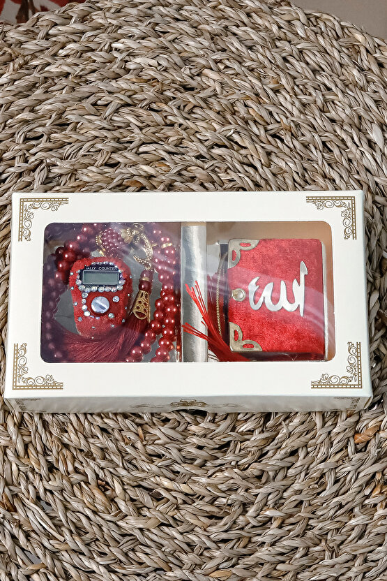 10 Adet Taşlı Zikirmatik Tesbihmatik Kadife Kaplı Mini Kuran 99lu İnci Tesbih Seti