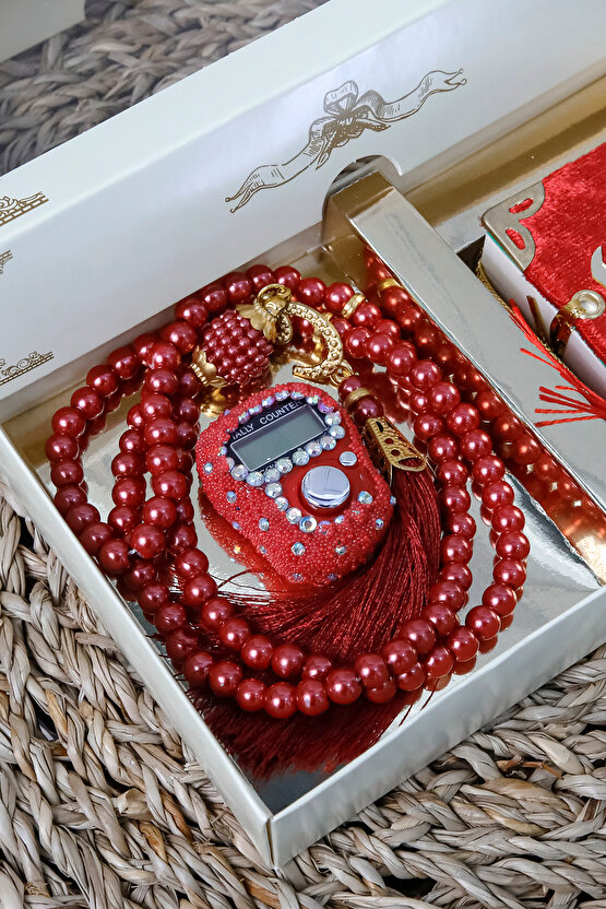 10 Adet Taşlı Zikirmatik Tesbihmatik Kadife Kaplı Mini Kuran 99lu İnci Tesbih Seti