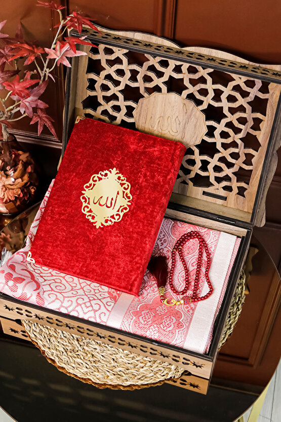 Hediyelik Kuran Seti Rahleli Ahşap Kuran Standı Kadife Kuran İnci Tesbih Seccade Seti