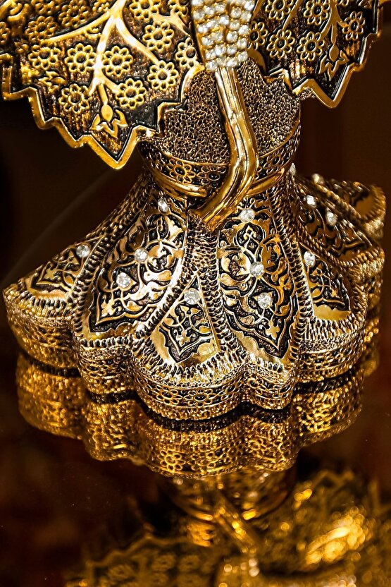 Allah Muhammed Biblo | Ikili Lüks Papatya Ve Çınar Yapraklı Lafızlar Işlemeli Gold Obje Set