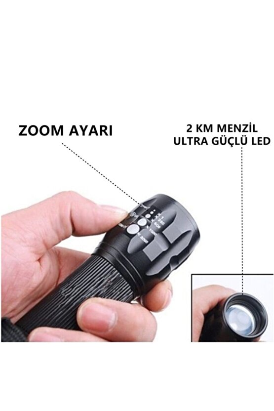 Power Ledli Ve Zoomlu 2 Km Menzilli Alüminyum El Feneri
