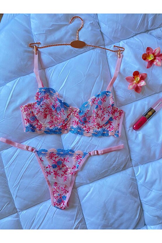 Çiçek Desenli Dantel Tül Bralet Takım