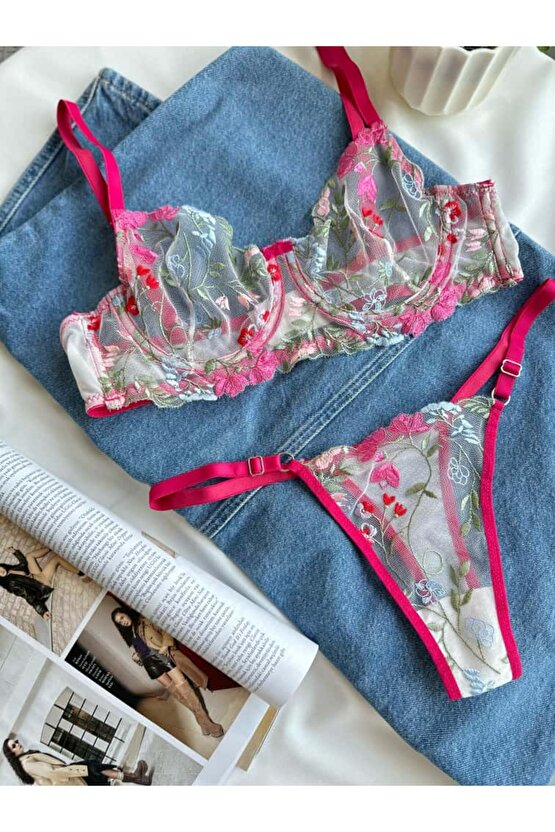 Çiçek Desenli Dantel Tül Bralet Takım