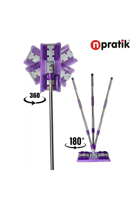 Yer Mopu Fayans Duvar Yüzey Temizlik Mikrofiber Mandallı Teleskopik Mop 1 Adet Yedek Bez Hediyeli