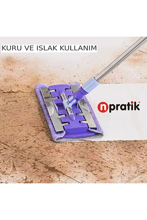 Yer Mopu Fayans Duvar Yüzey Temizlik Mikrofiber Mandallı Teleskopik Mop 1 Adet Yedek Bez Hediyeli