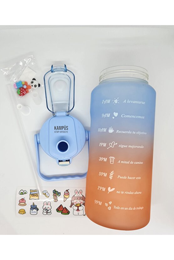 Quokka 2000ml Turuncu Mavi Çift Başlıklı Stickerlı Matara