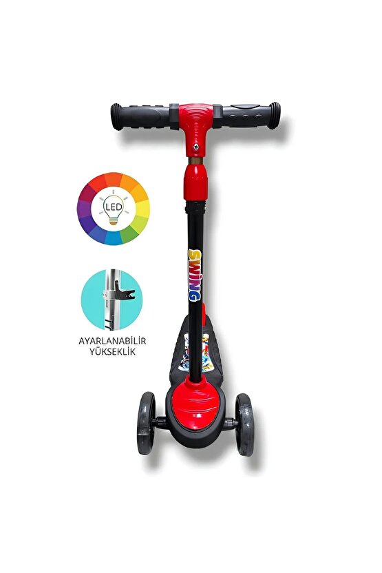 Babymiss Işıklı 3 Tekerlekli Çocuk Scooter – 3 Kademeli Yükseklik Ayarı - Kırmızı