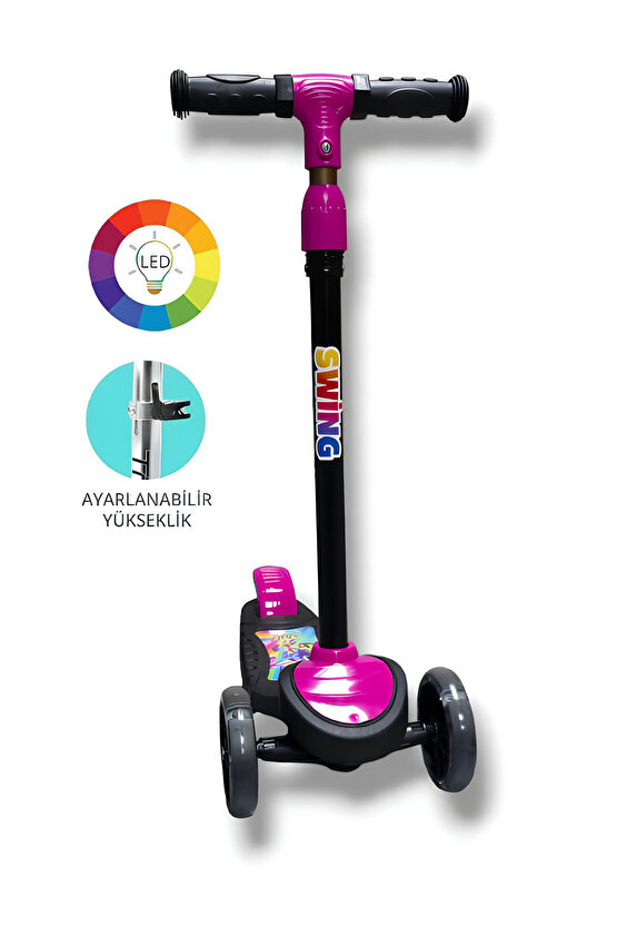 3 Tekerlekli Işıklı Çocuk Scooter Swing - 3 Kademeli Yükseklik Ayarı