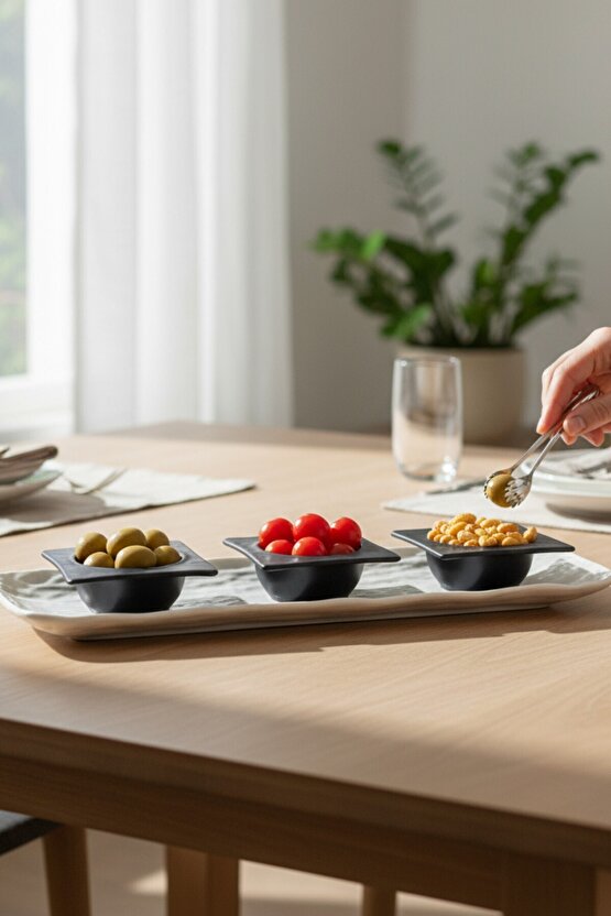 Wood 41 cm Porselen Kayık Sunum Tabağı  Porselen Sosluk Kase 12cm