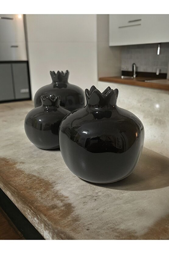 3lü Siyah Çini Seramik Bereket Narı Biblo Takımı - Konsol Salon Seti - Sukulent Saksı
