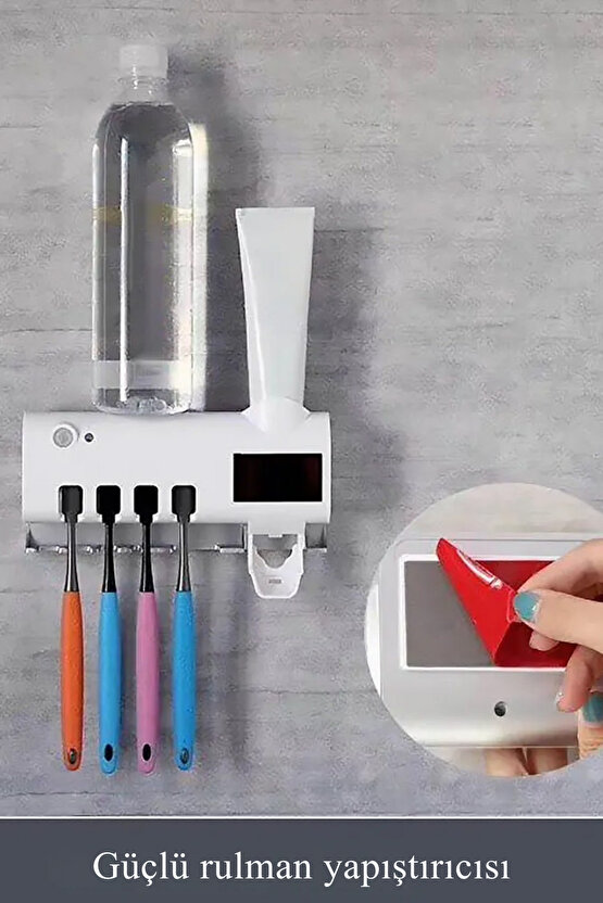 Duvara Monte Otomatik Diş Macunu Sıkıcı + 4’lü Diş Fırçalık Seti – Temassız Hijyenik Dağıtıcı