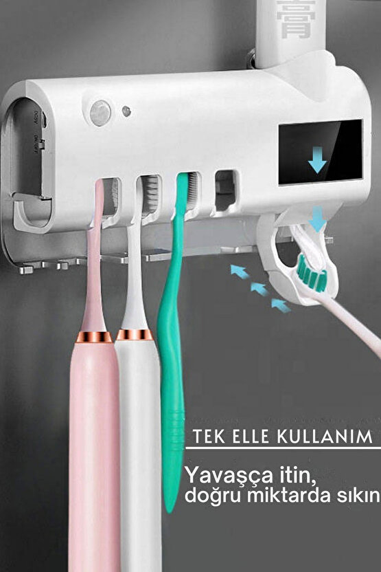 Duvara Monte Otomatik Diş Macunu Sıkıcı + 4’lü Diş Fırçalık Seti – Temassız Hijyenik Dağıtıcı