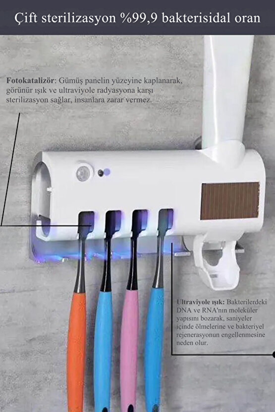 Duvara Monte Otomatik Diş Macunu Sıkıcı + 4’lü Diş Fırçalık Seti – Temassız Hijyenik Dağıtıcı